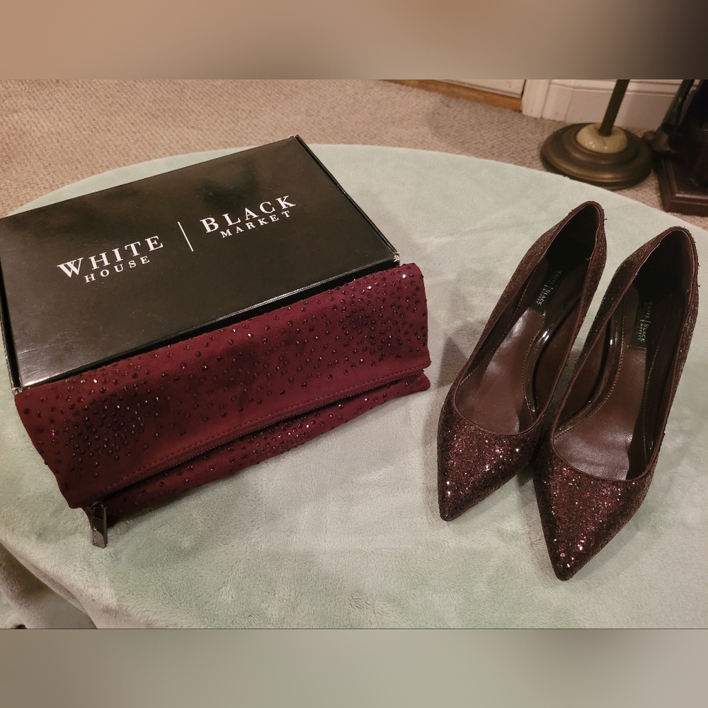 WHITE HOUSE/BLACK MARKET BURGANDY SPARKLE HEELS WITH MATCHING CLUTCH